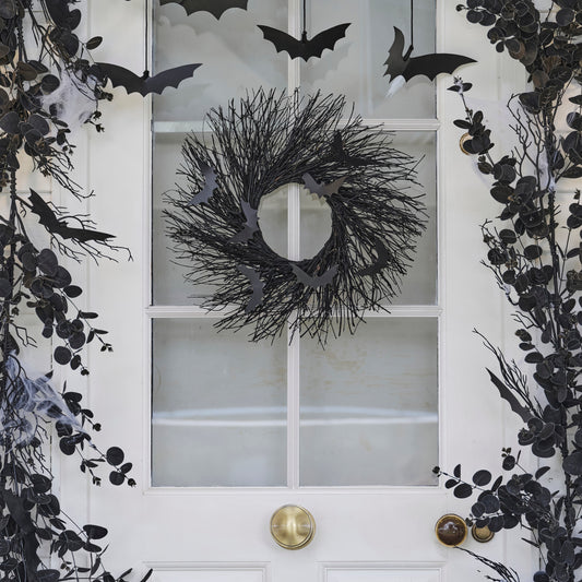 Black Twig Halloween Wreath with Bats