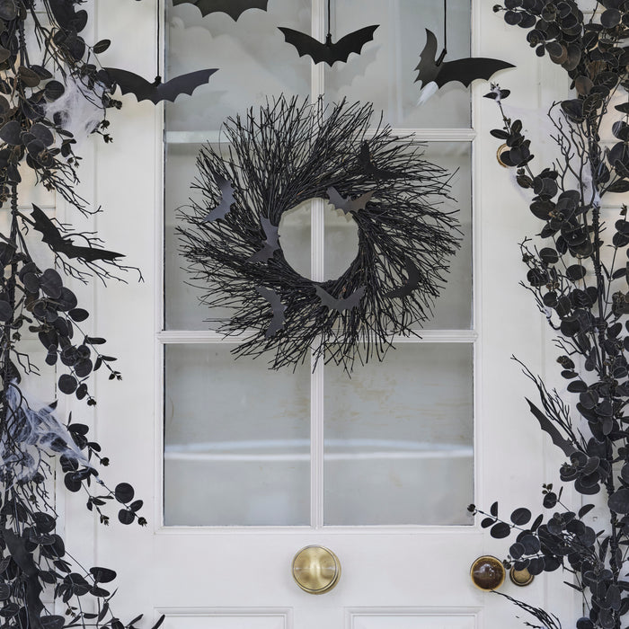 Black Twig Halloween Wreath with Bats