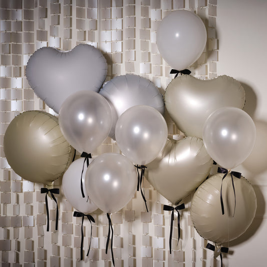 Cream and White Balloon Bundle with Black Satin Bows