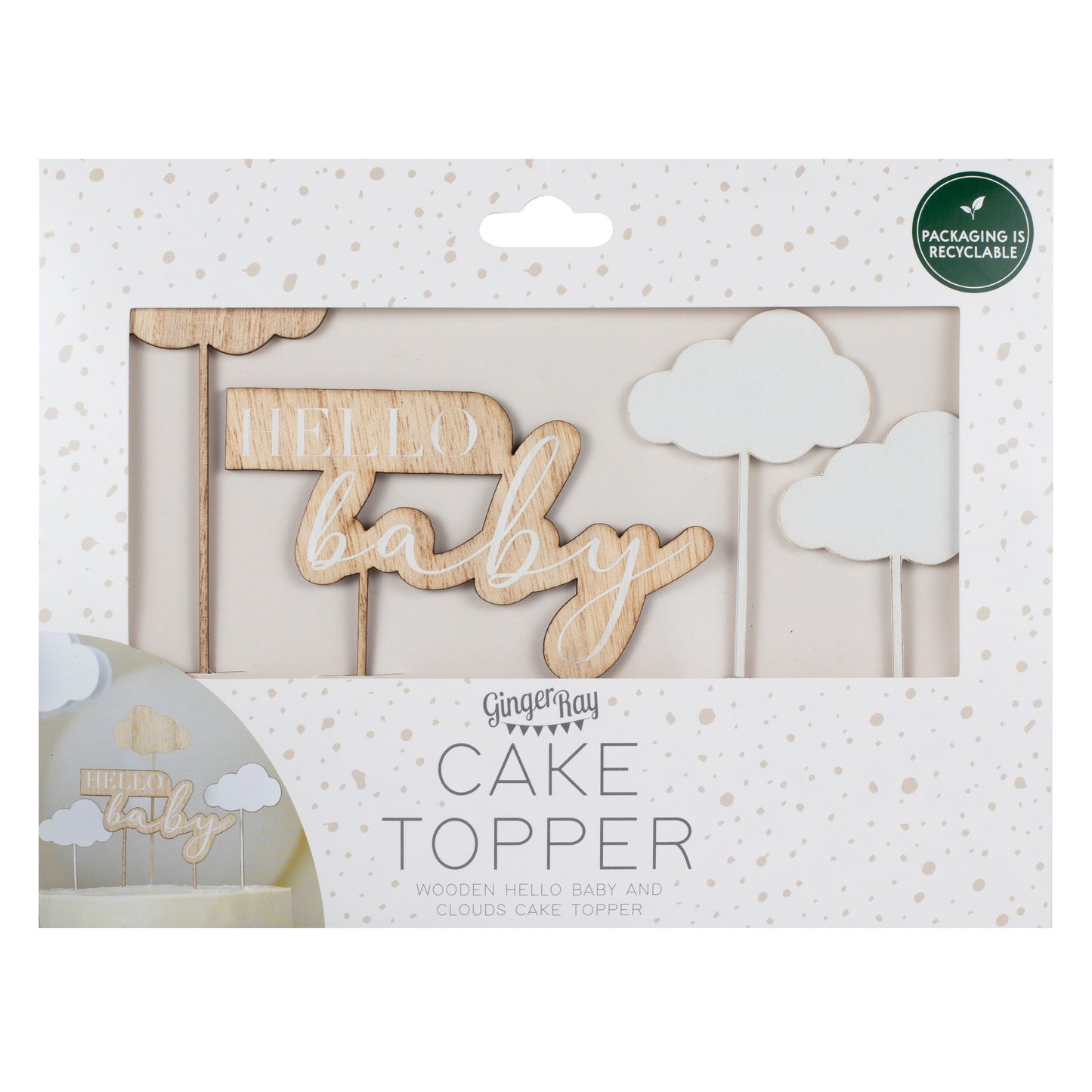 Wooden Hello Baby and Clouds Baby Shower Cake Topper