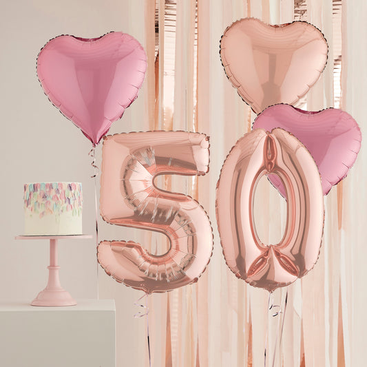 50th Birthday Rose Gold Helium Deluxe Bunch Balloons Delivered
