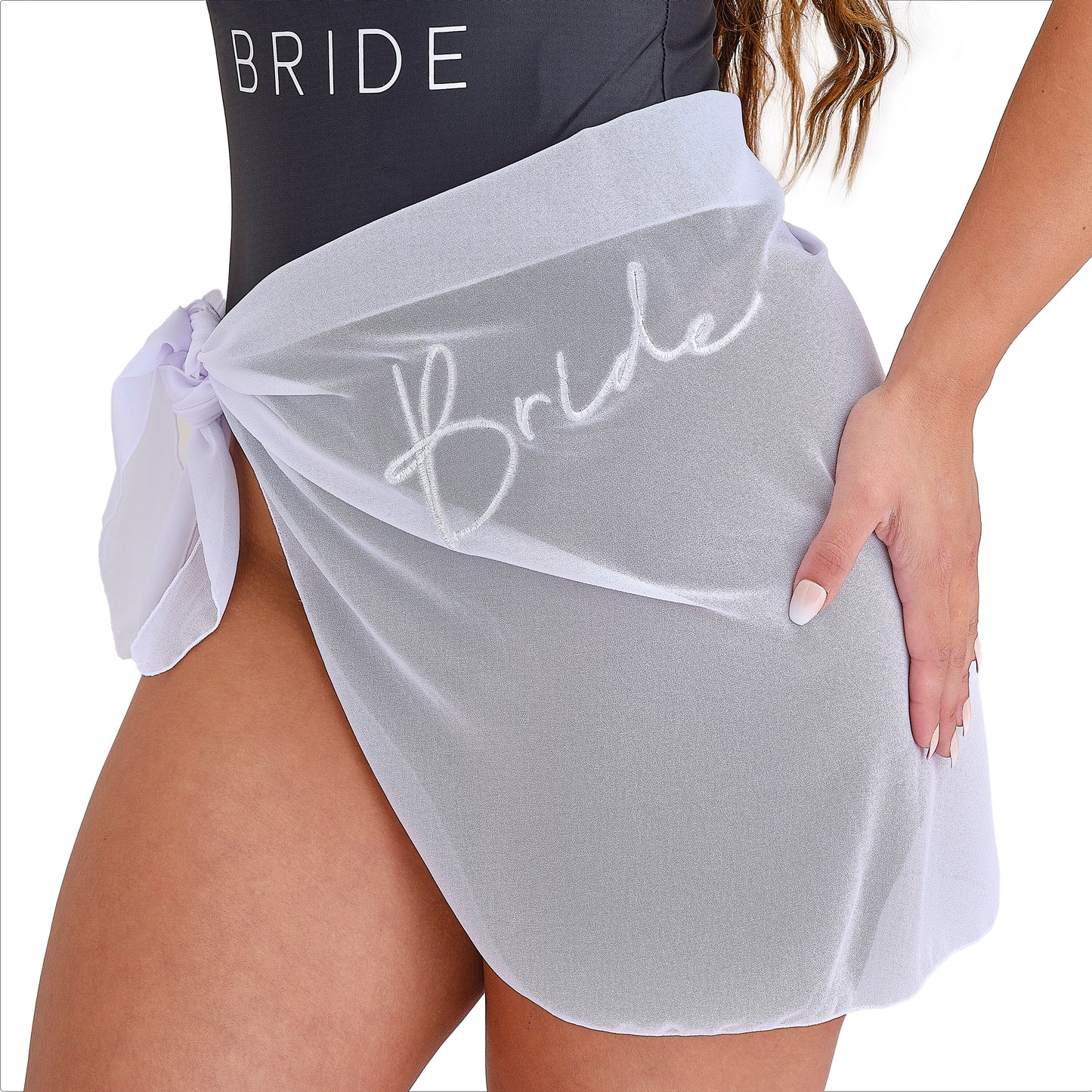 White & Pink Bride Swimsuit & Embroidered Bride Sarong Set