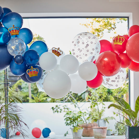 Red, White & Blue Confetti Balloon Arch With Crowns