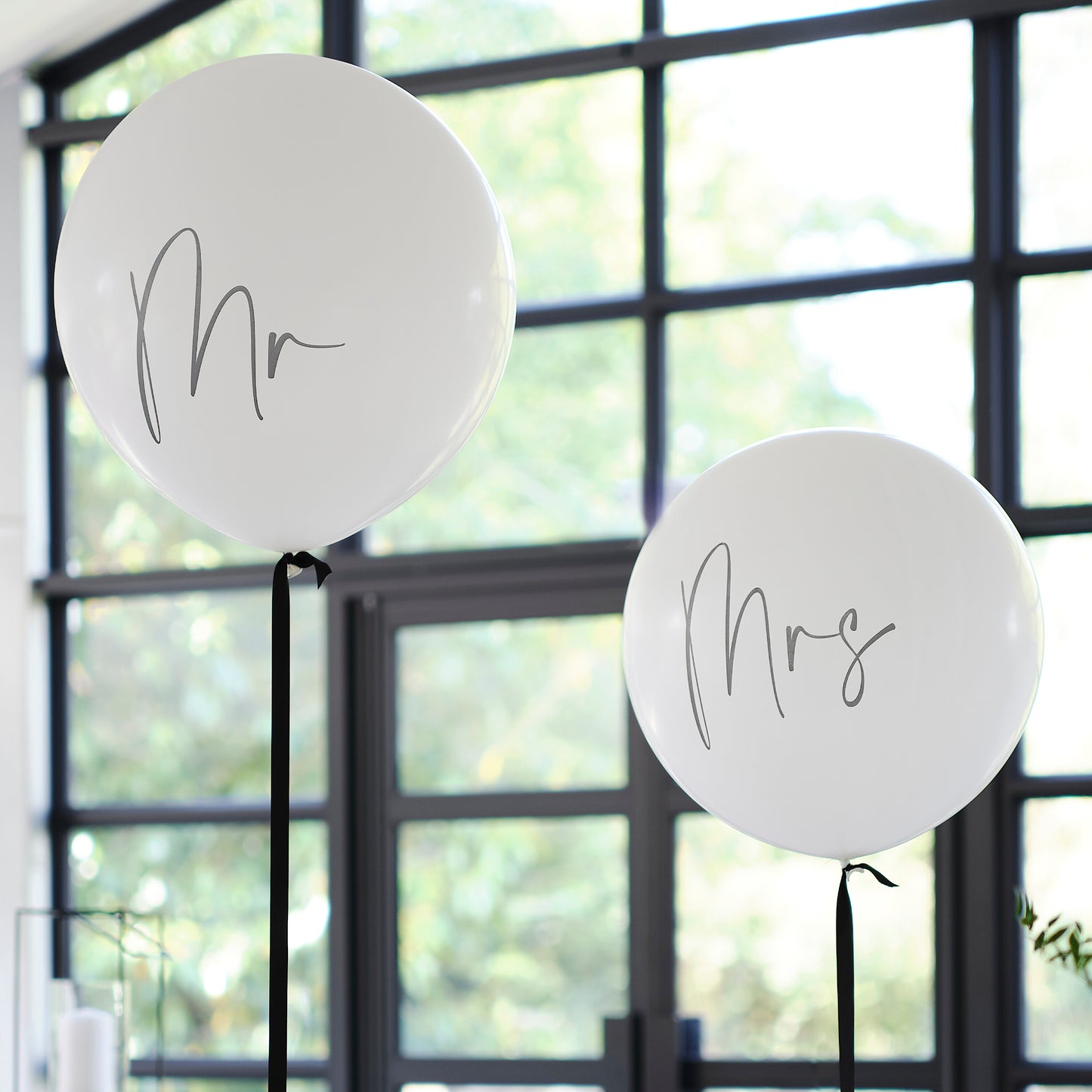 Black & White Mr & Mrs Balloons with Black Balloon Tails