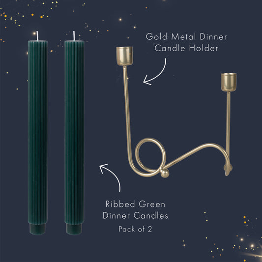 Gold Metal Swirl Candle Holder & Dark Green Dinner Candle Set