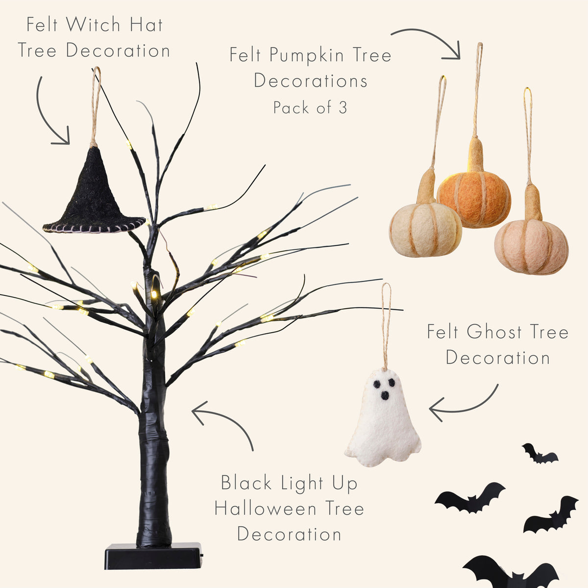 Black Light Up Halloween Tree & Felt Halloween Tree Decorations
