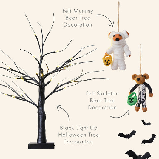 Black Light Up Halloween Tree & Felt Bear Halloween Tree Decorations