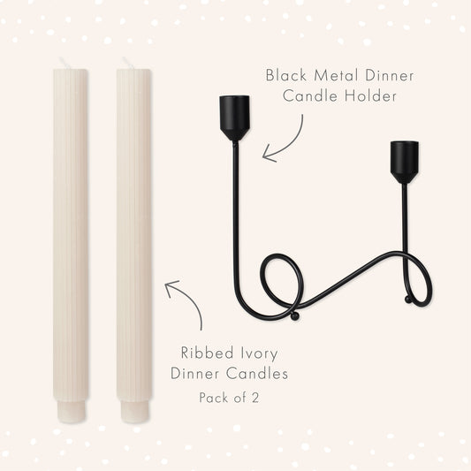 Black Metal Swirl Dinner Candle Holder & Ivory Dinner Candle Set
