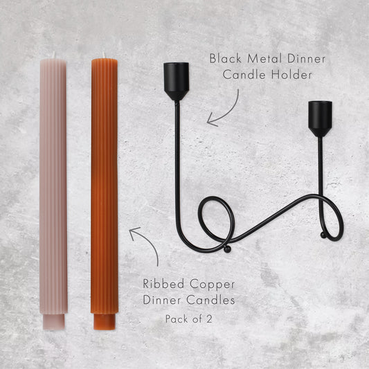 Black Metal Swirl Candle Holder & Copper Ribbed Dinner Candle Set