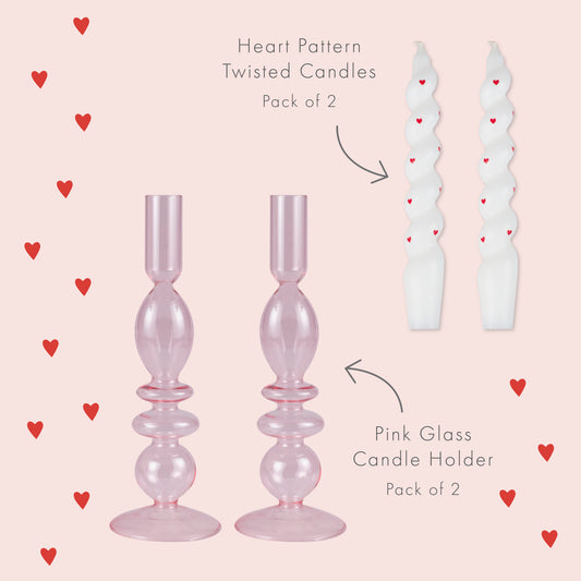 Pink Glass Candle Holders & Heart Pattern Dinner Candle Set