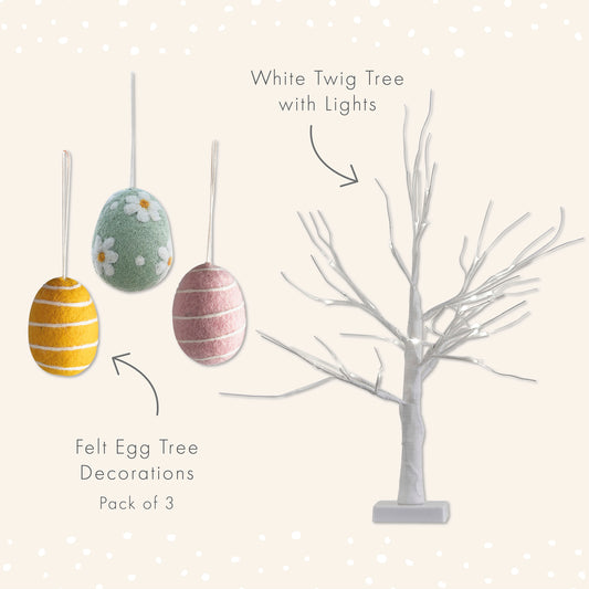 White Light Up Easter Tree & Felt Easter Egg Tree Decorations