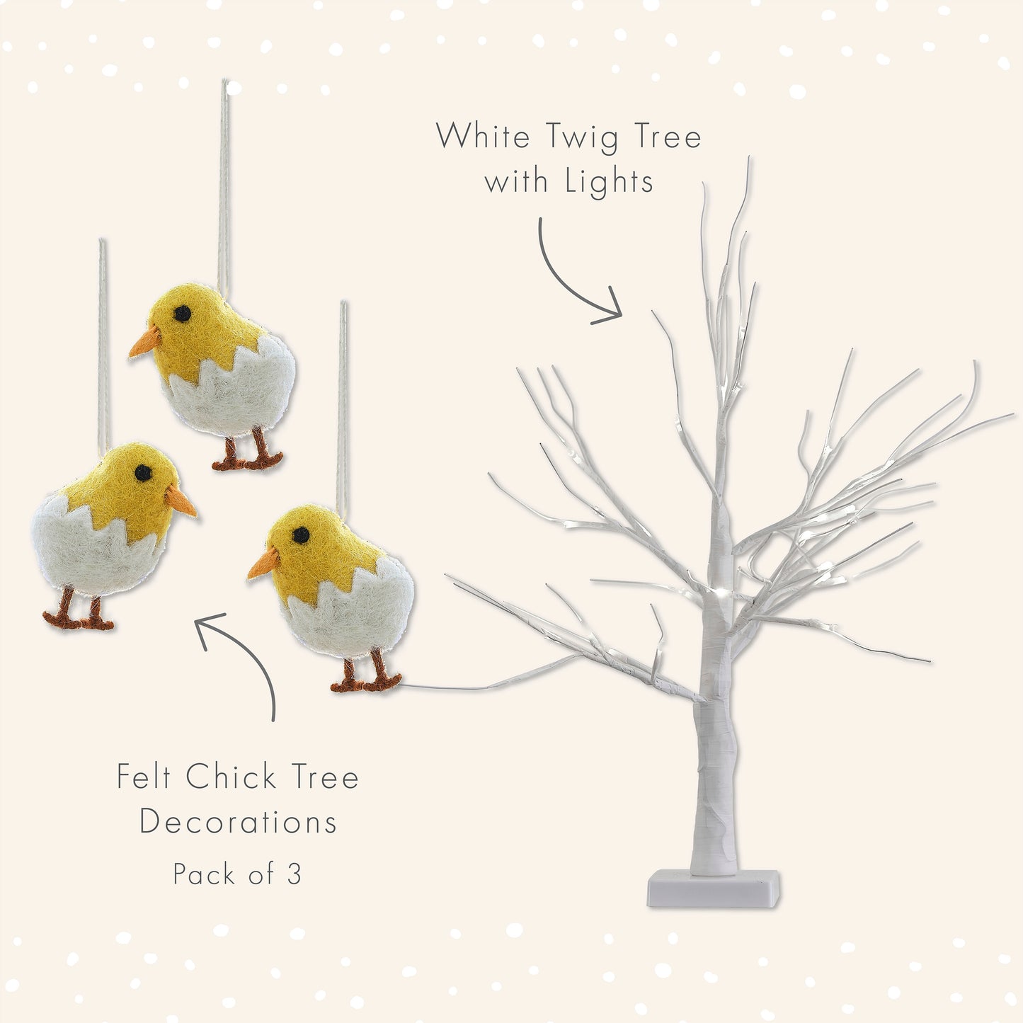 White Light Up Easter Tree & Felt Easter Chick Tree Decorations