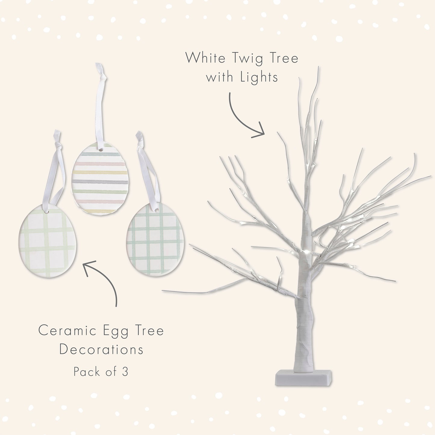 White Light Up Easter Tree & Ceramic Easter Eggs Tree Decorations
