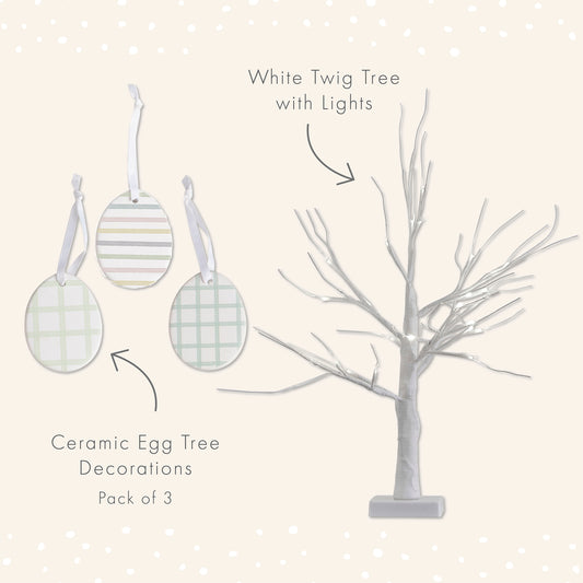 White Light Up Easter Tree & Ceramic Easter Eggs Tree Decorations