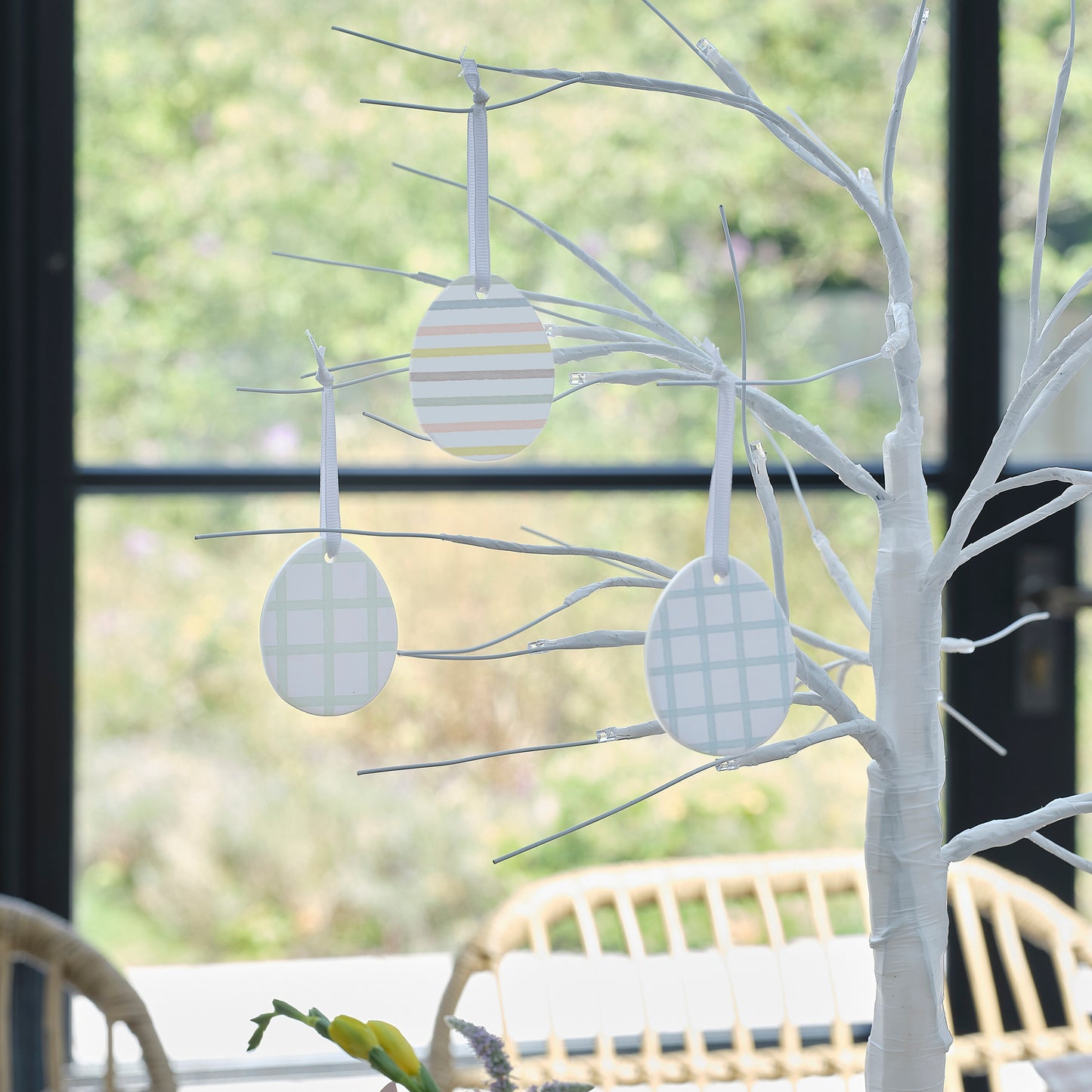 White Light Up Easter Tree & Ceramic Easter Eggs Tree Decorations