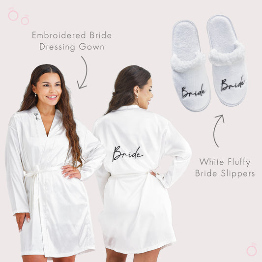 White Embroidered Bride Dressing Gown & Slipper Set