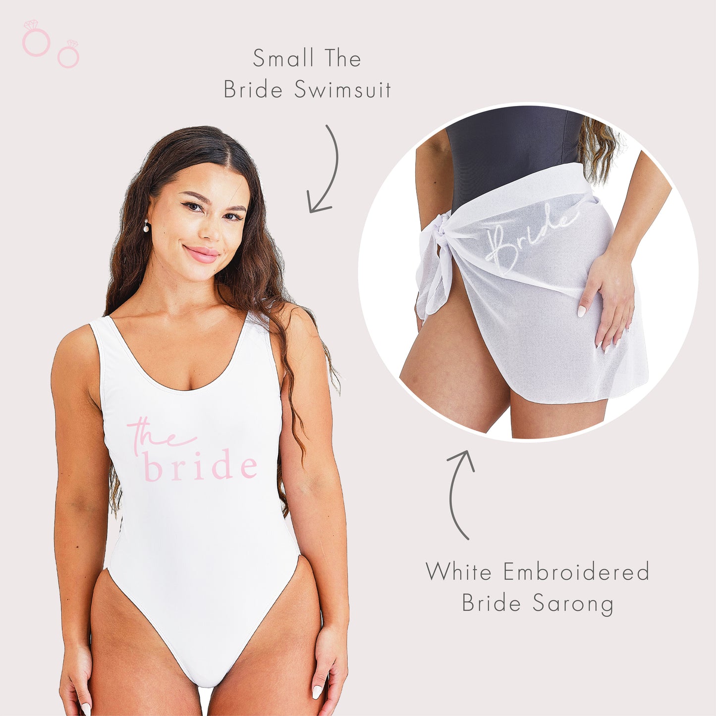 White & Pink Bride Swimsuit & Embroidered Bride Sarong Set