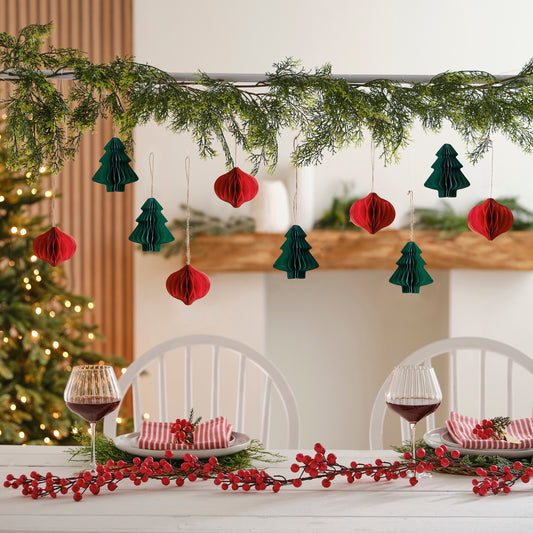 Red & Green Honeycomb Tree Christmas Hanging Decorations
