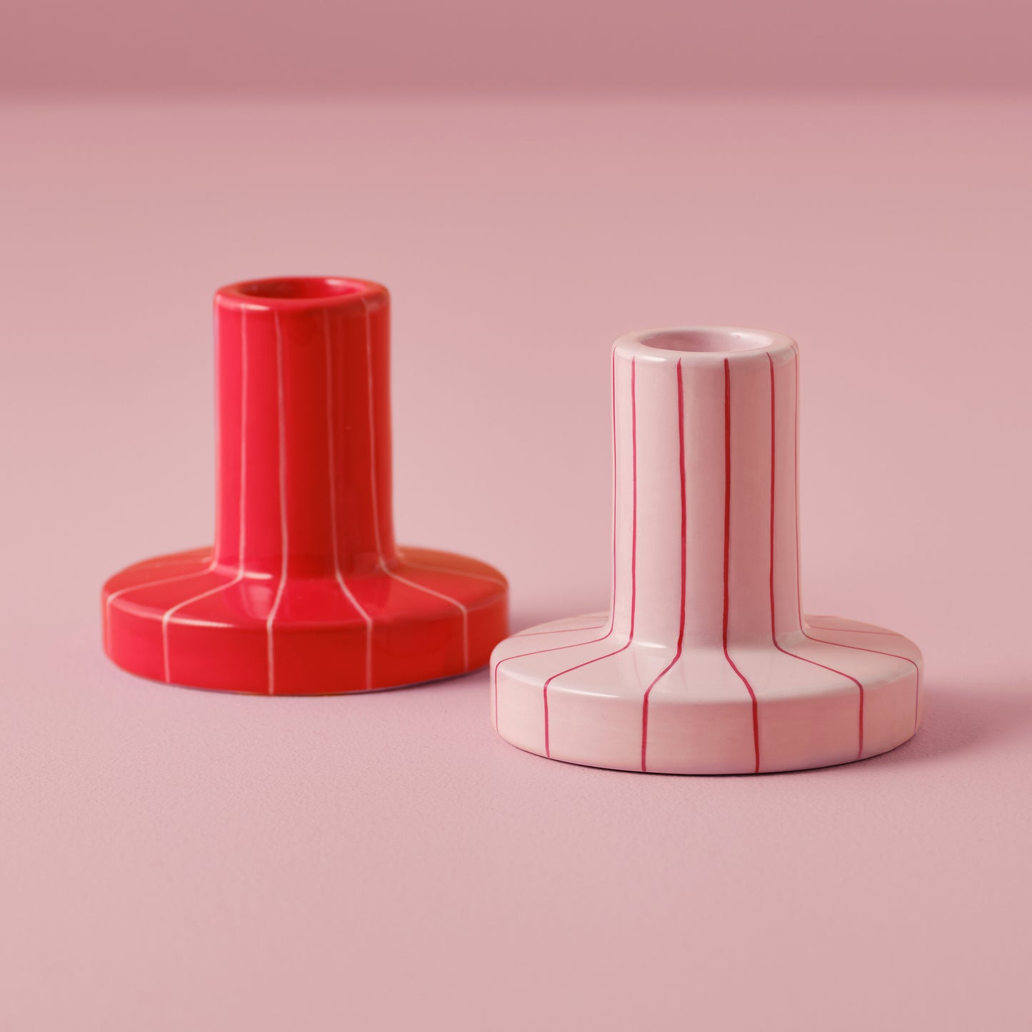 Red & Pink Striped Ceramic Candle Holders