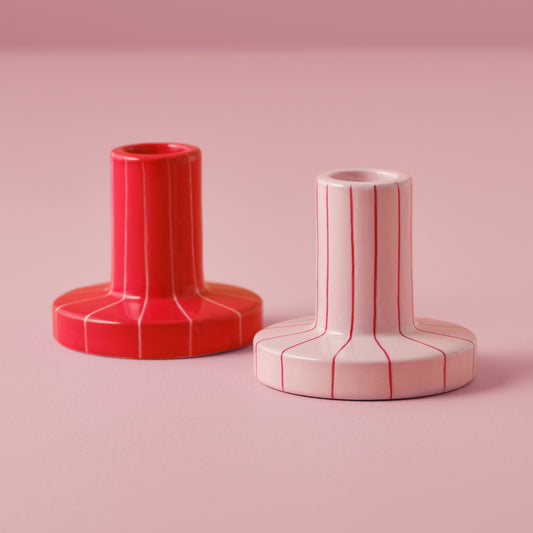 Red & Pink Striped Ceramic Candle Holders