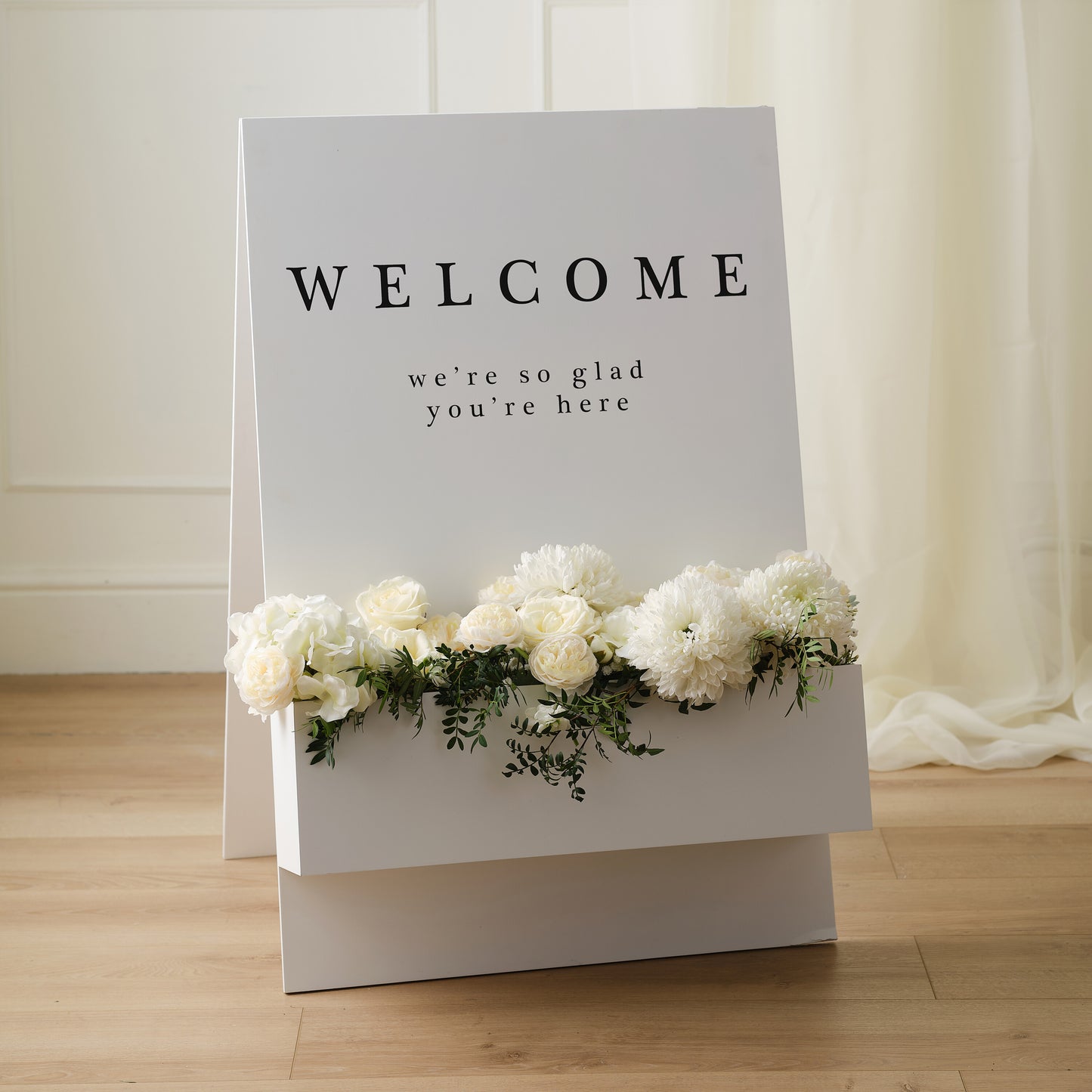 Customisable White Wooden Welcome Sign with Flower Box and Black Stickers