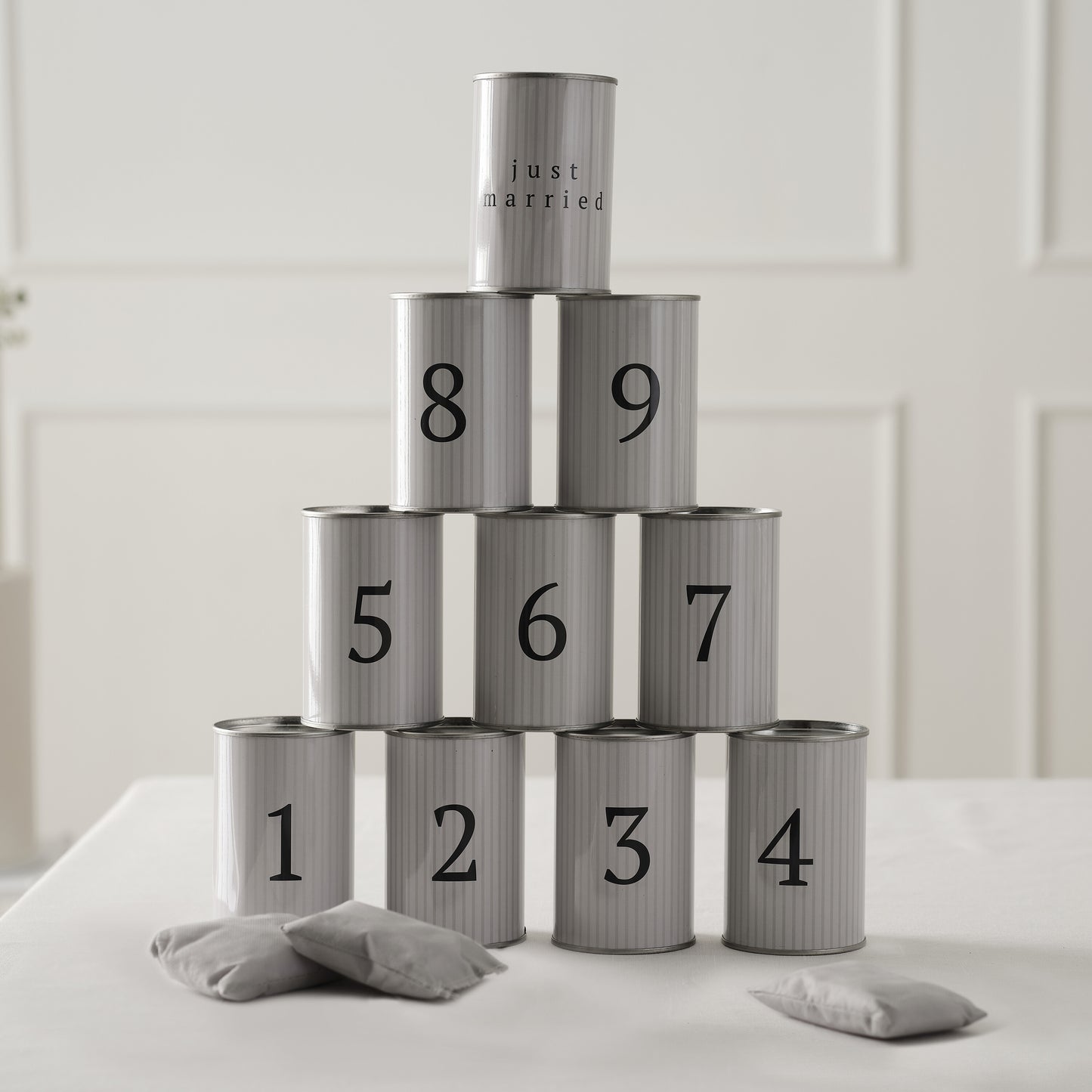 White Striped Wedding Tin Can Alley Game