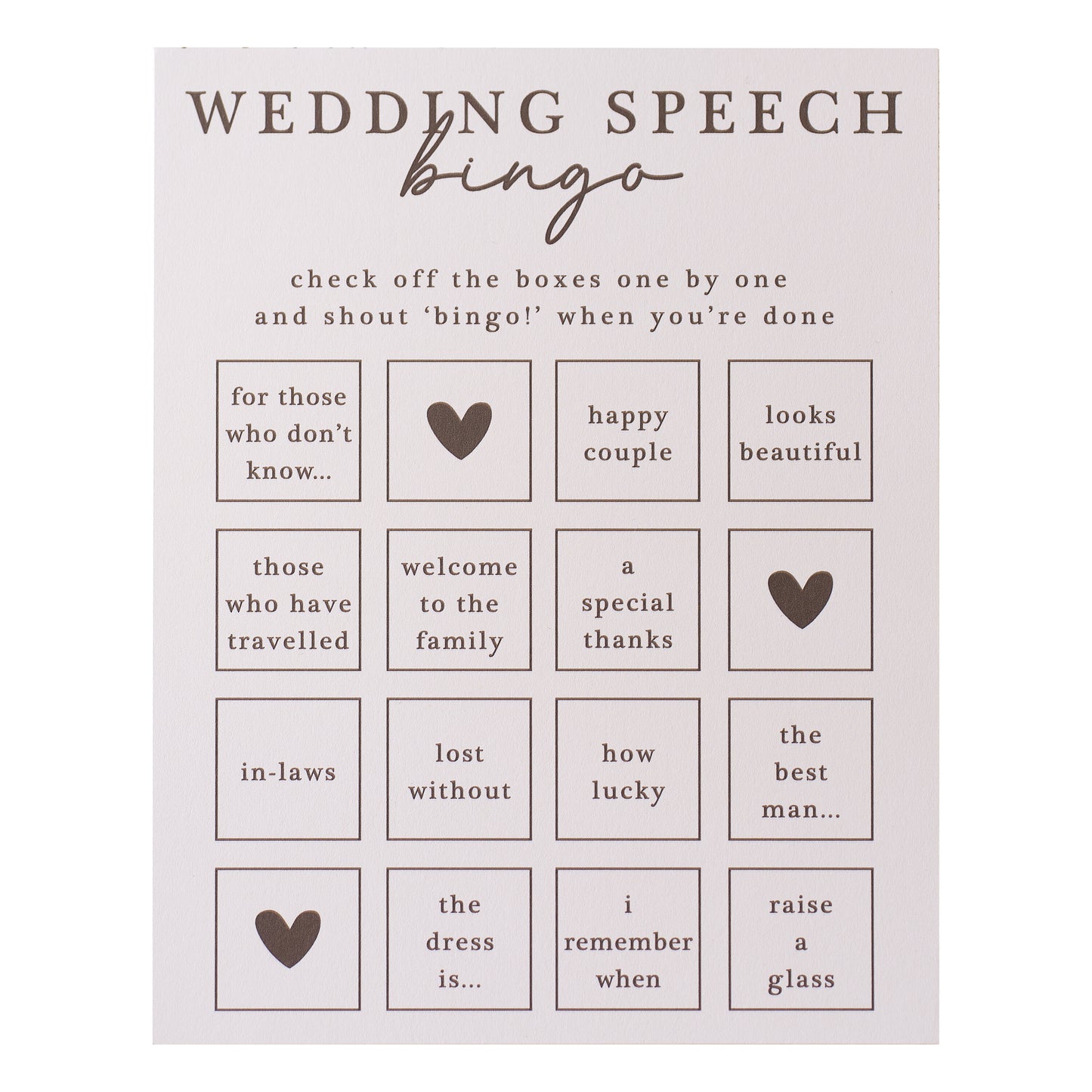 Cream and Black Wedding Speech Bingo Cards Game