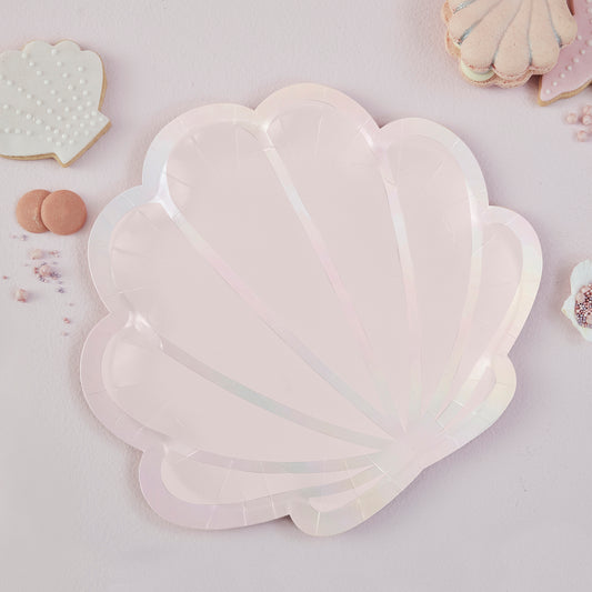 Iridescent and Pink Foiled Mermaid Shell Shaped Paper Plates