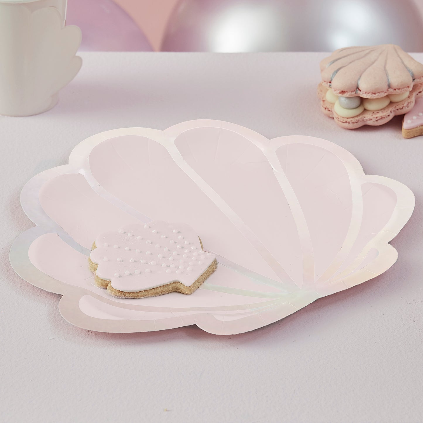 Iridescent and Pink Foiled Mermaid Shell Shaped Paper Plates