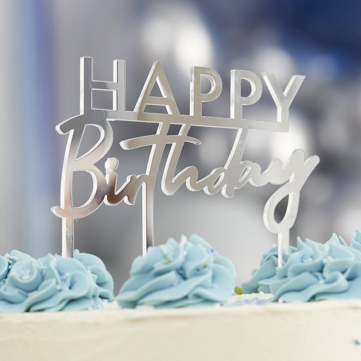 Silver Acrylic Happy Birthday Cake Topper