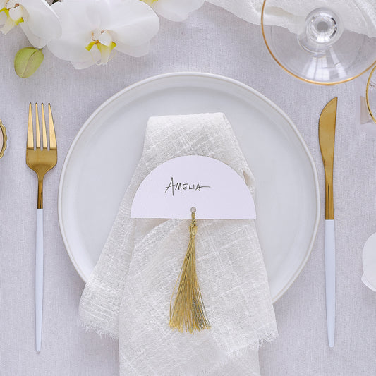 White Wedding Place Cards with Gold Tassels