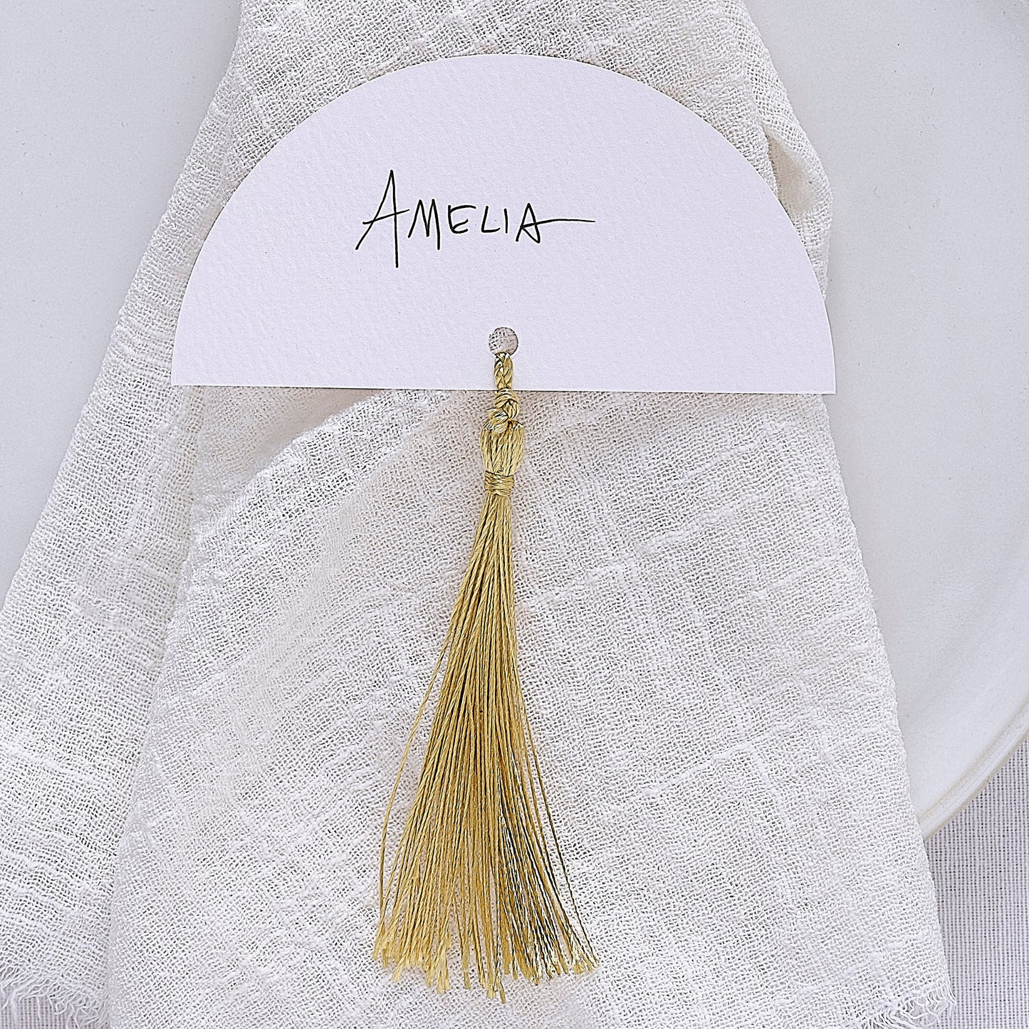 White Wedding Place Cards with Gold Tassels