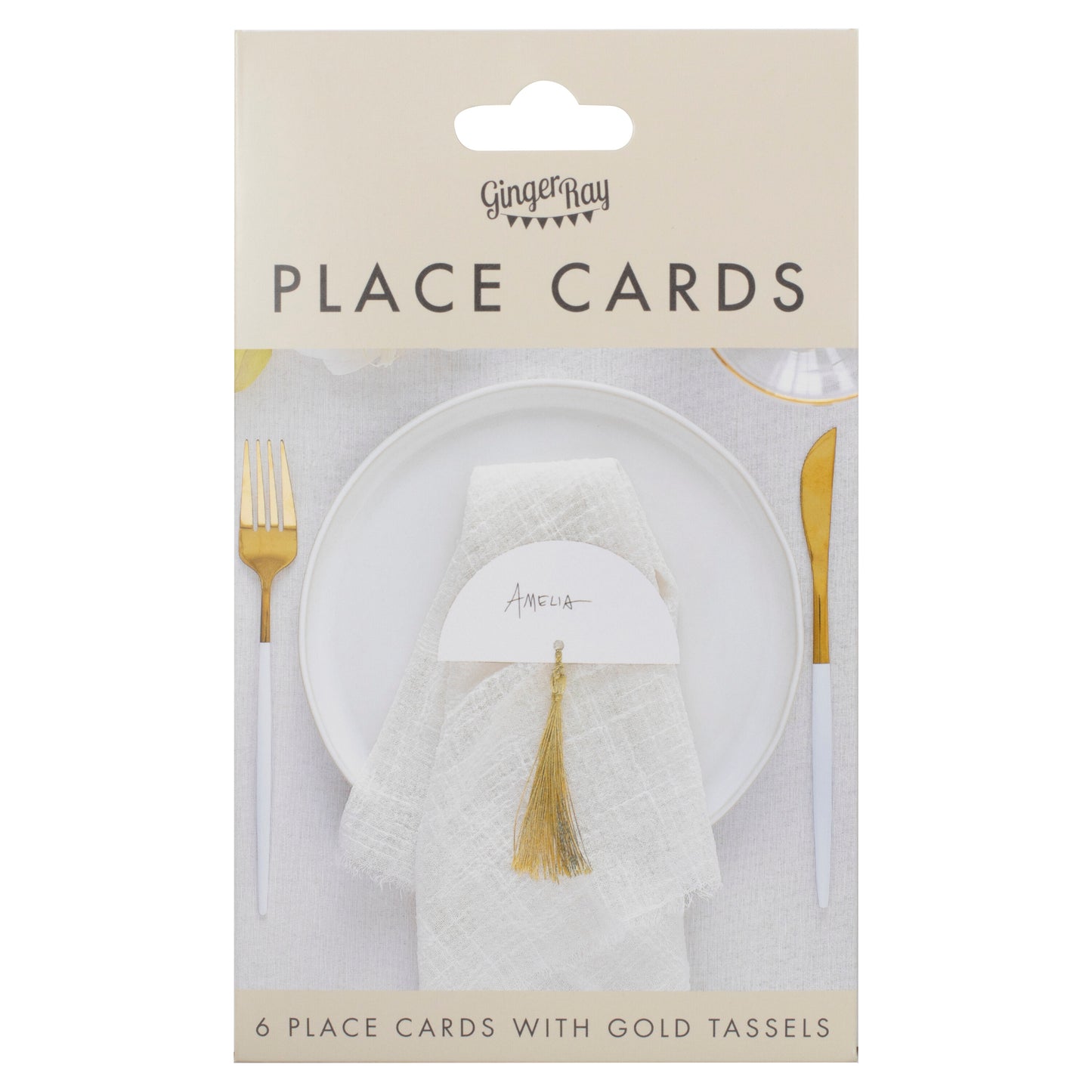 White Wedding Place Cards with Gold Tassels