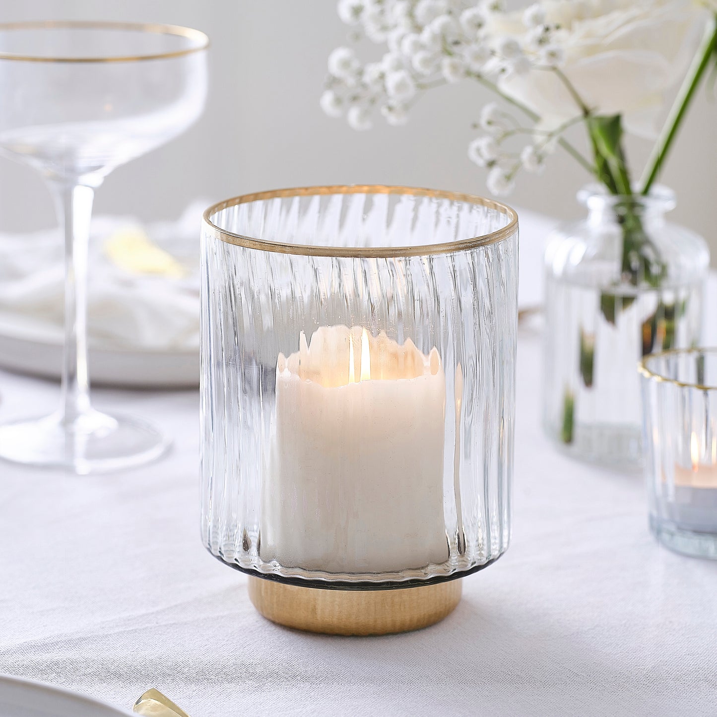 Ribbed Glass Hurricane Candle Holder