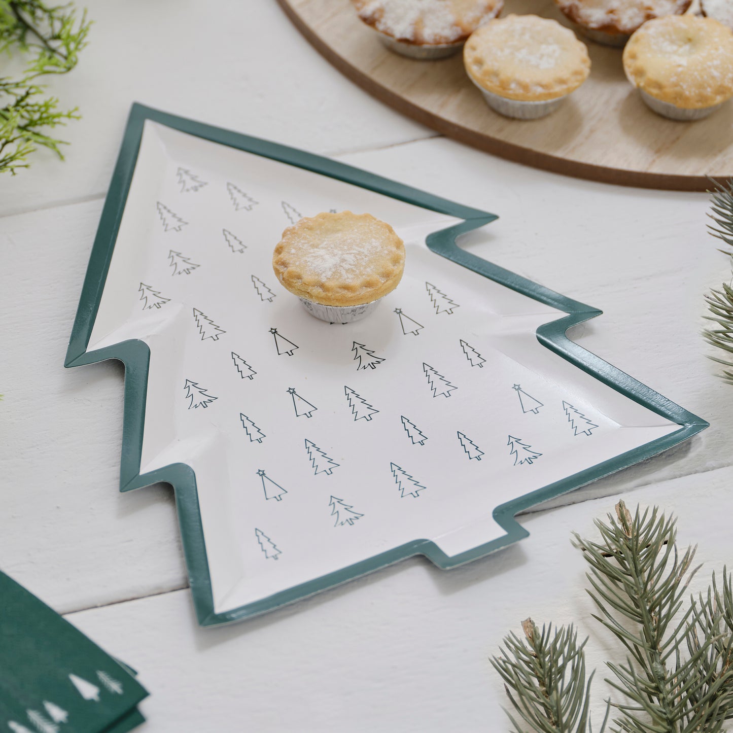 Green and White Tree Print Christmas Paper Plates