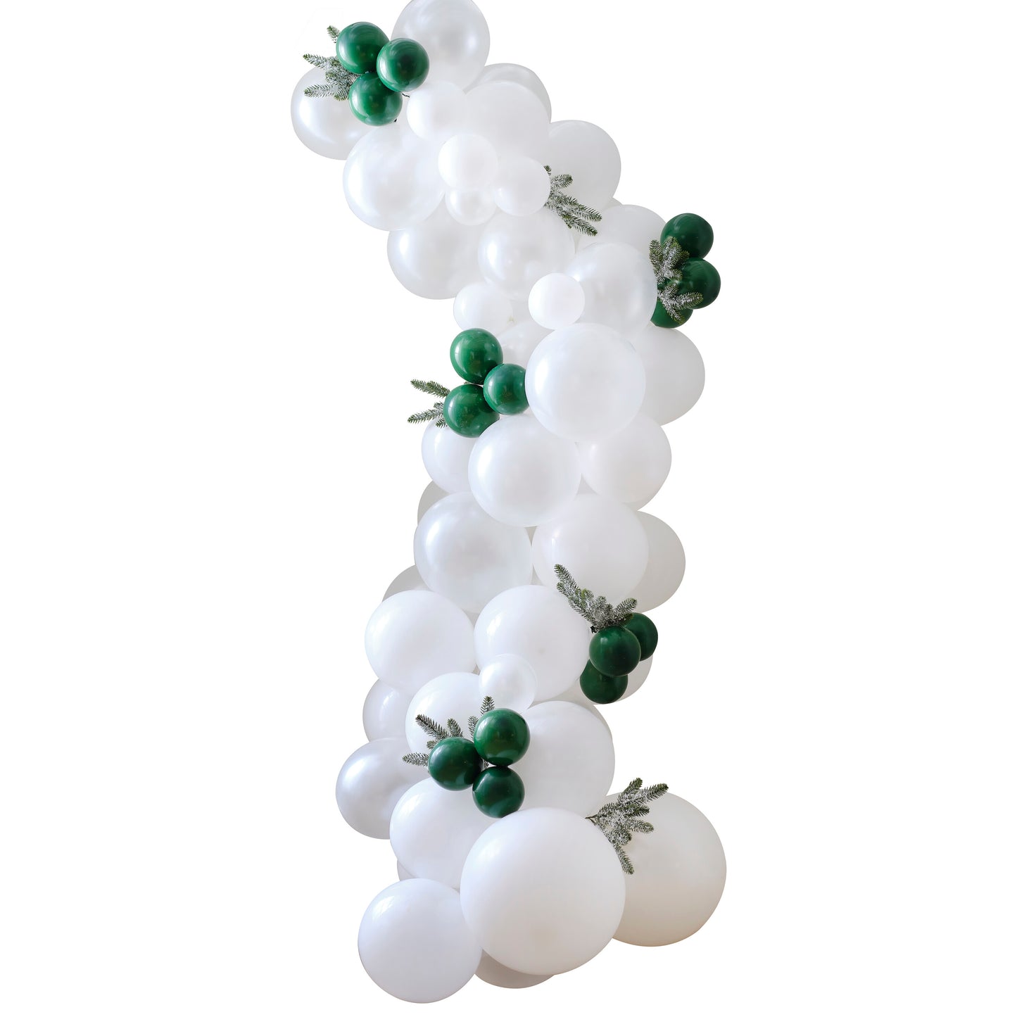 White & Dark Green Snowy Christmas Balloon Arch with Frosted Foliage