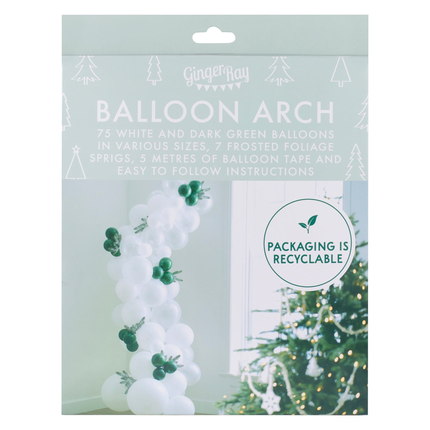 White & Dark Green Snowy Christmas Balloon Arch with Frosted Foliage