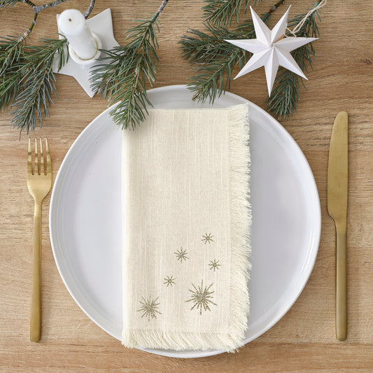 Cotton Christmas Napkins with Embroidered Gold Stars