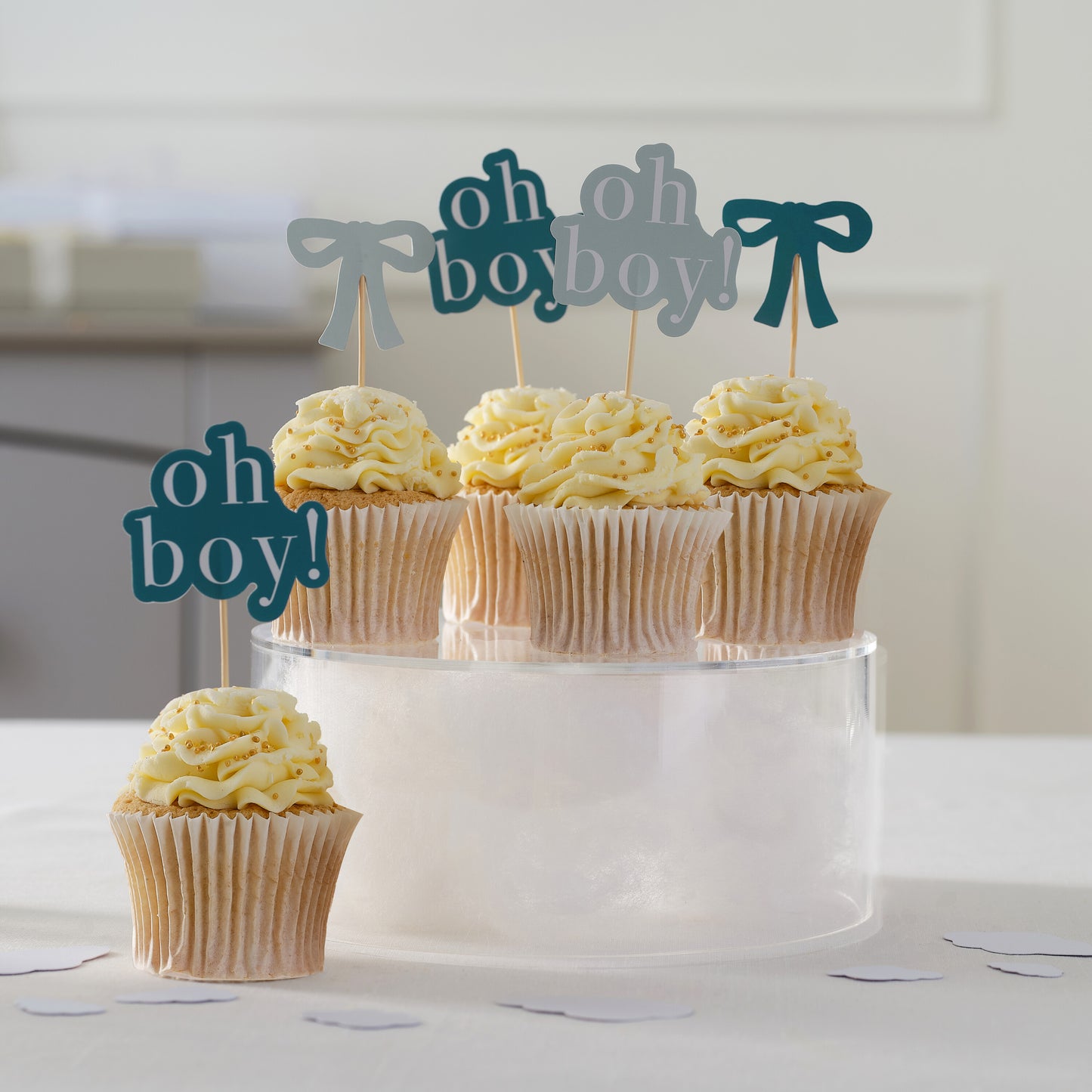 Blue Bows and 'Oh Boy!' Baby Shower Cupcake Toppers