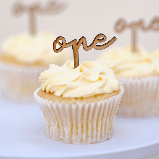 Wooden 'One' 1st Birthday Cupcake Toppers