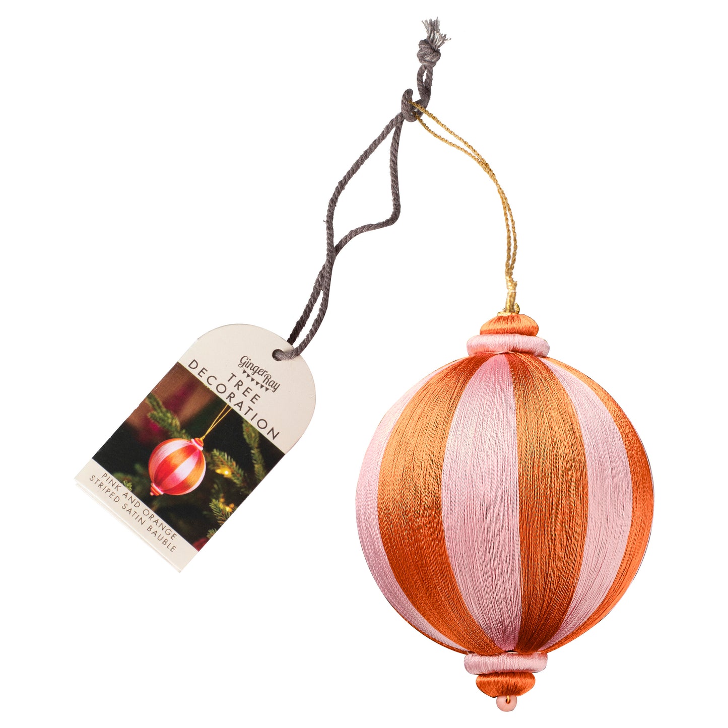 Pink and Orange Striped Satin Christmas Bauble