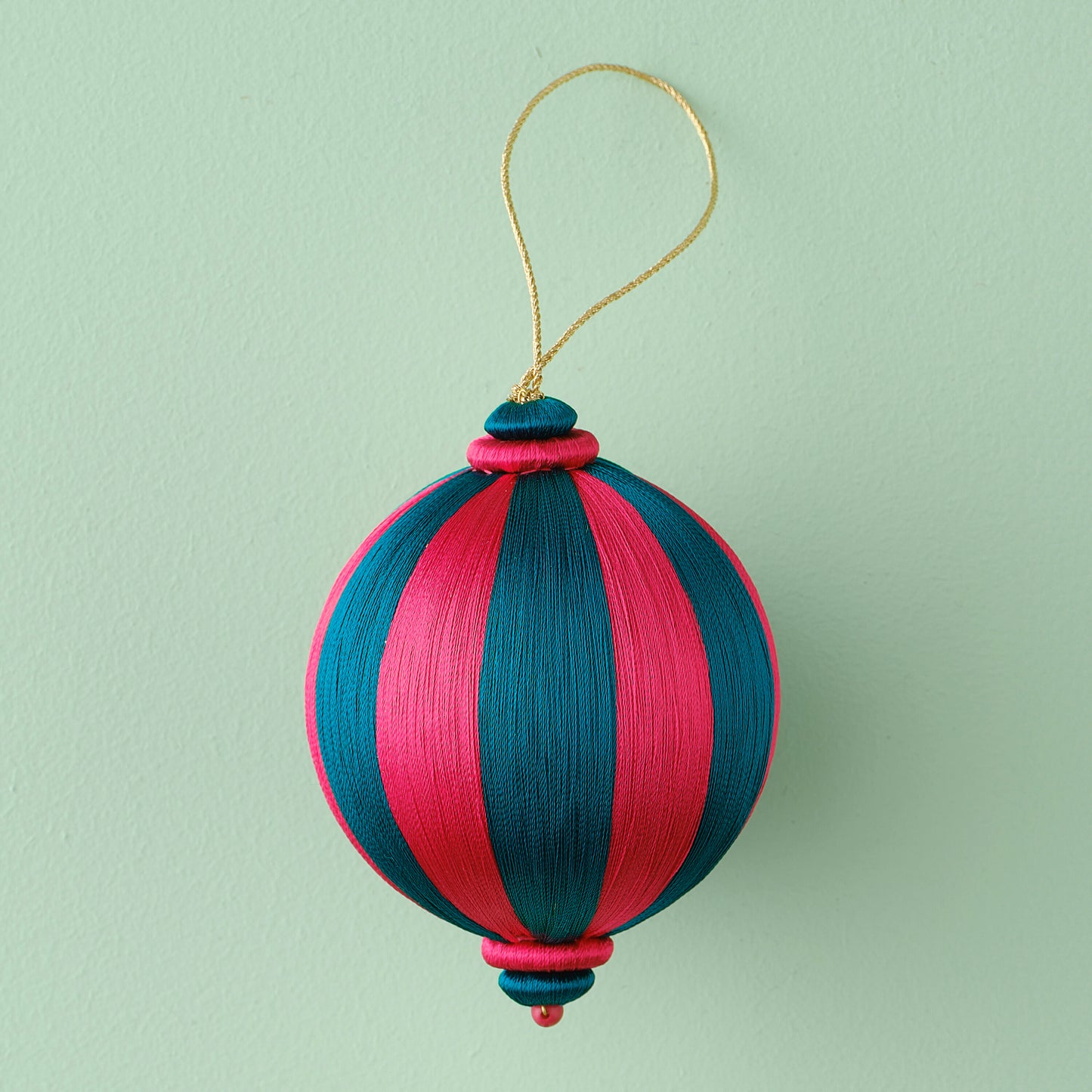 Pink and Turquoise Striped Satin Christmas Bauble