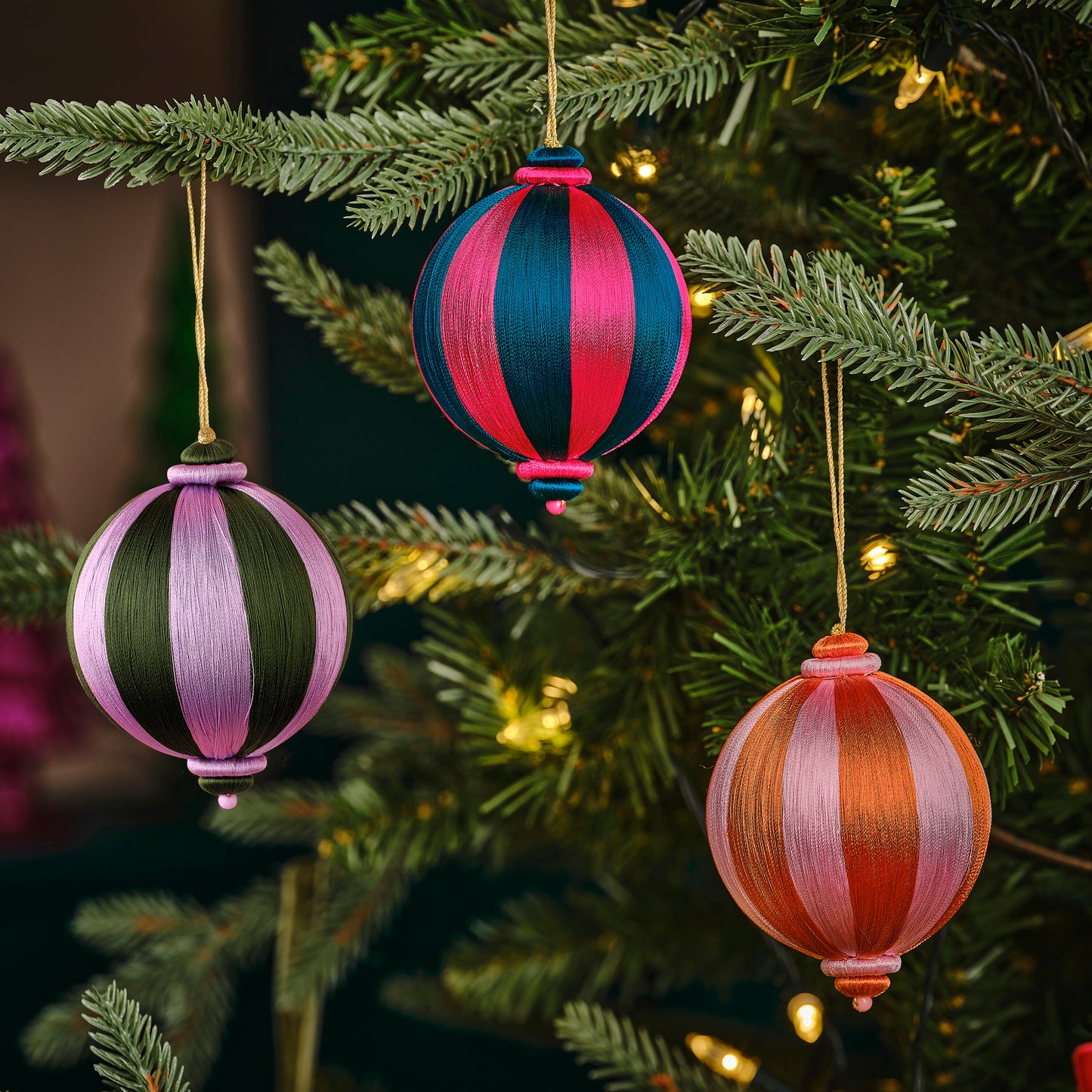 Pink and Turquoise Striped Satin Christmas Bauble