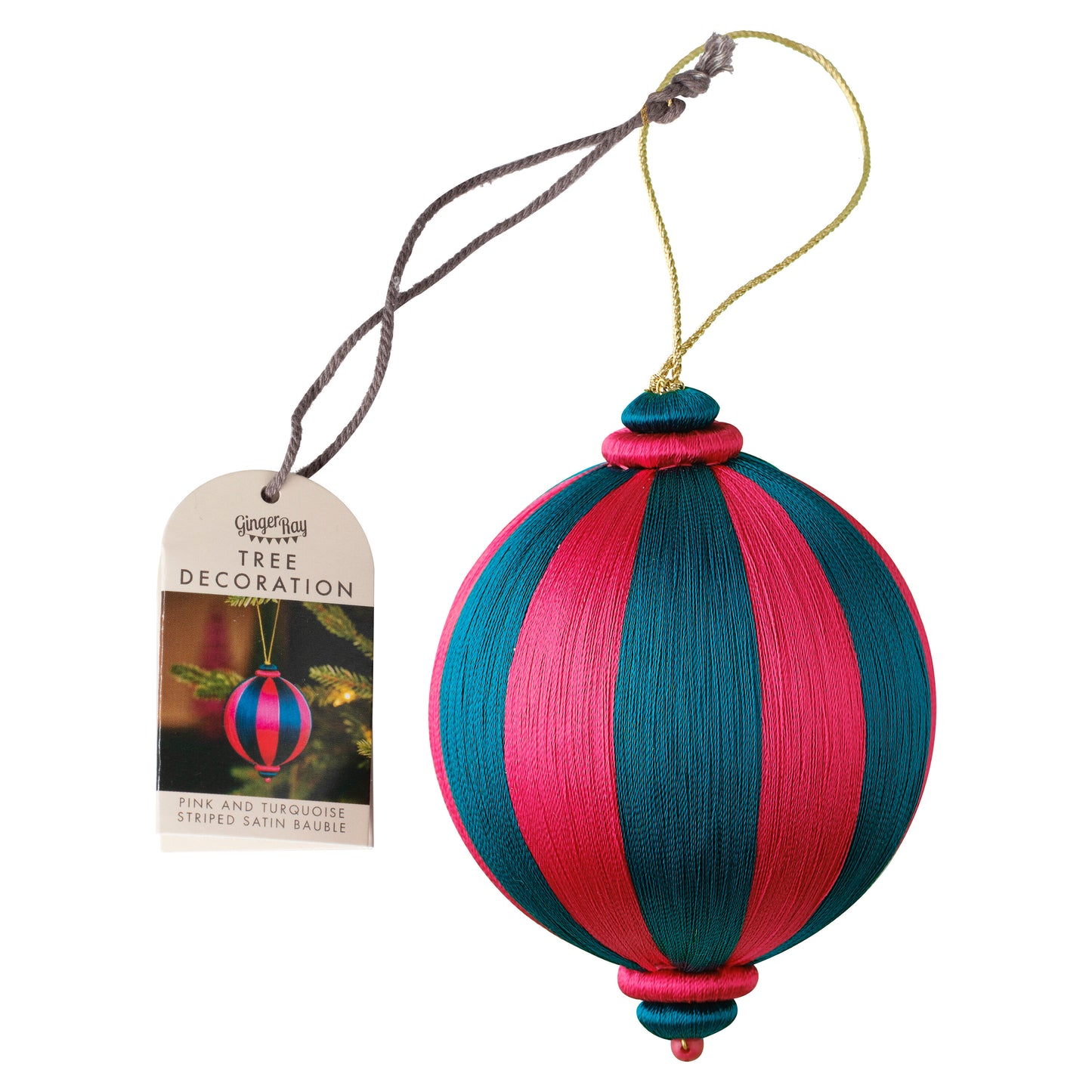 Pink and Turquoise Striped Satin Christmas Bauble