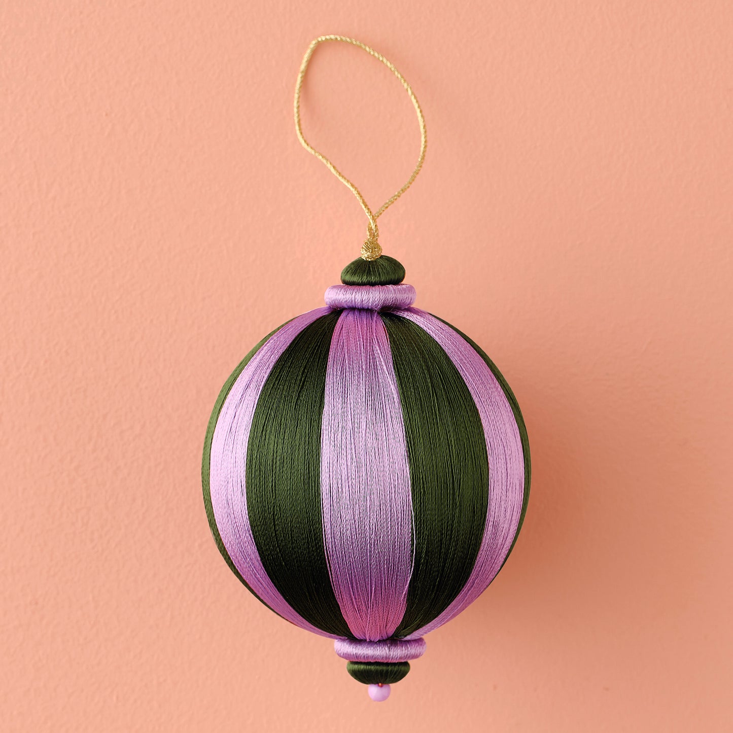 Green and Purple Striped Satin Christmas Bauble