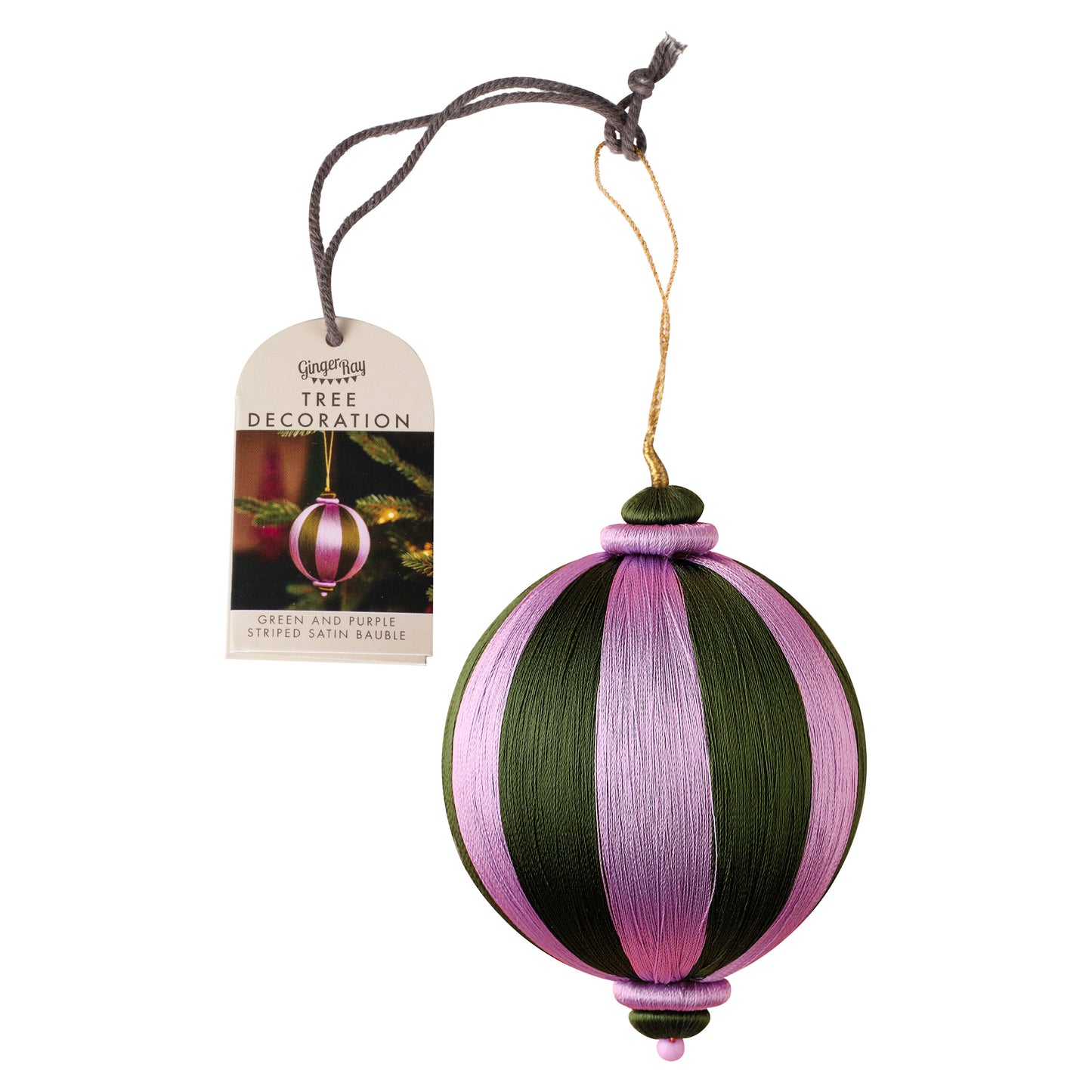 Green and Purple Striped Satin Christmas Bauble