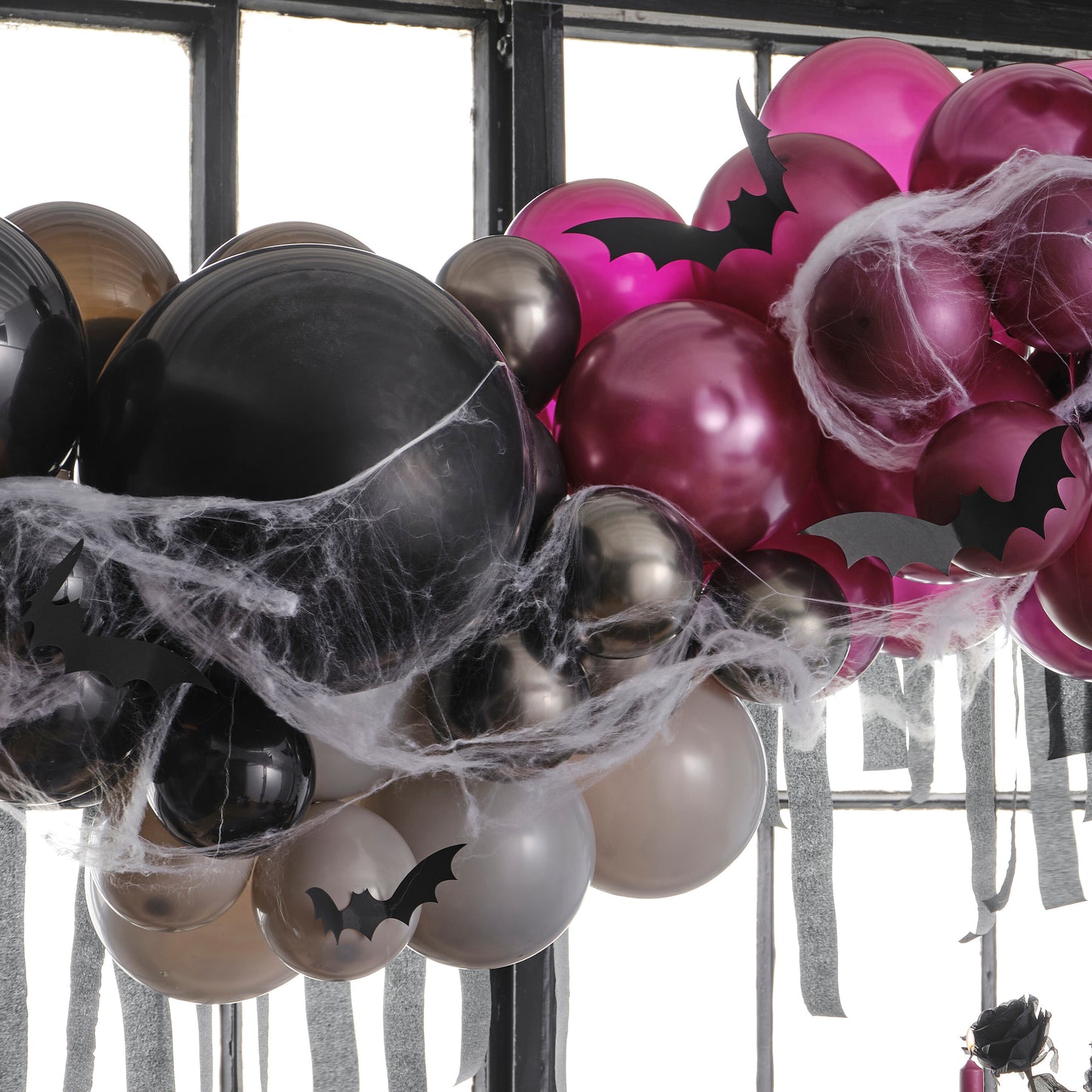 Purple, Black and Grey Balloon Arch Backdrop with Streamers, Cobwebs & Bats