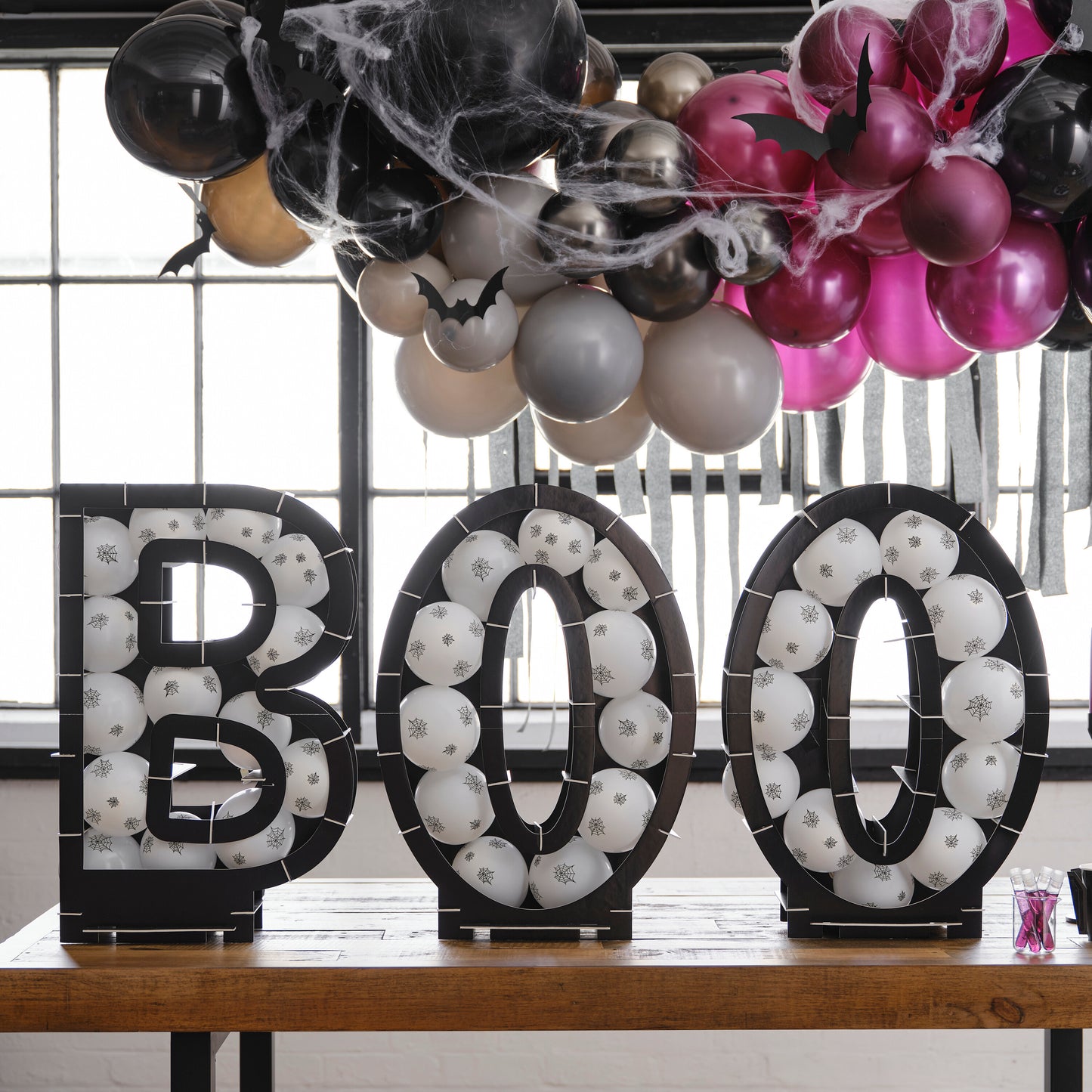 Black BOO Halloween Balloon Mosaic Stand Kit with Cobweb Balloons