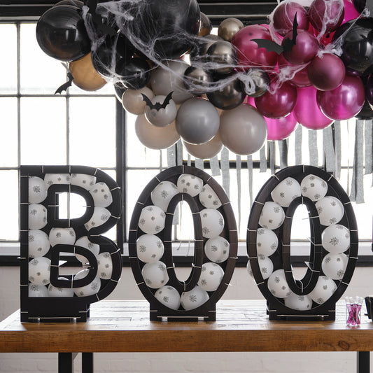 Black BOO Halloween Balloon Mosaic Stand Kit with Cobweb Balloons