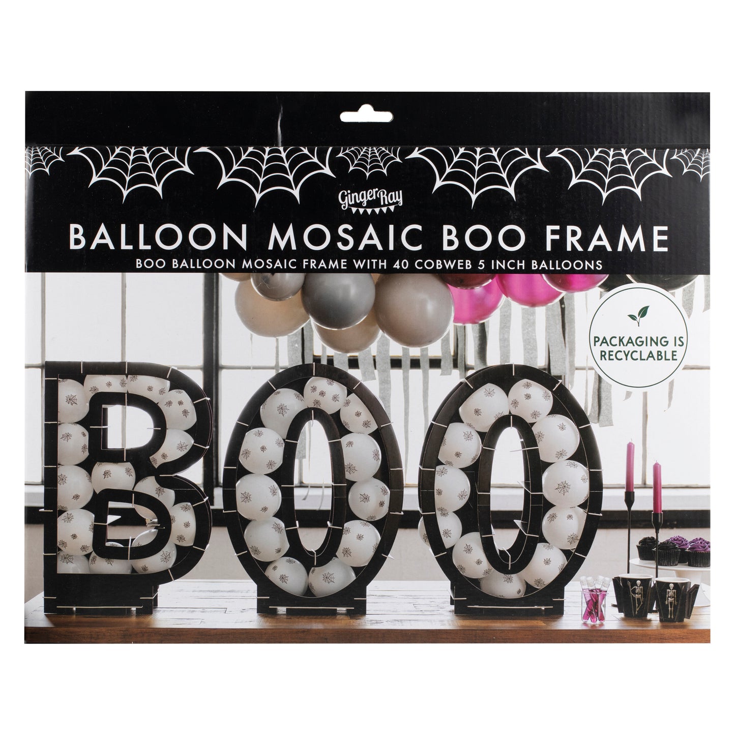 Black BOO Halloween Balloon Mosaic Stand Kit with Cobweb Balloons